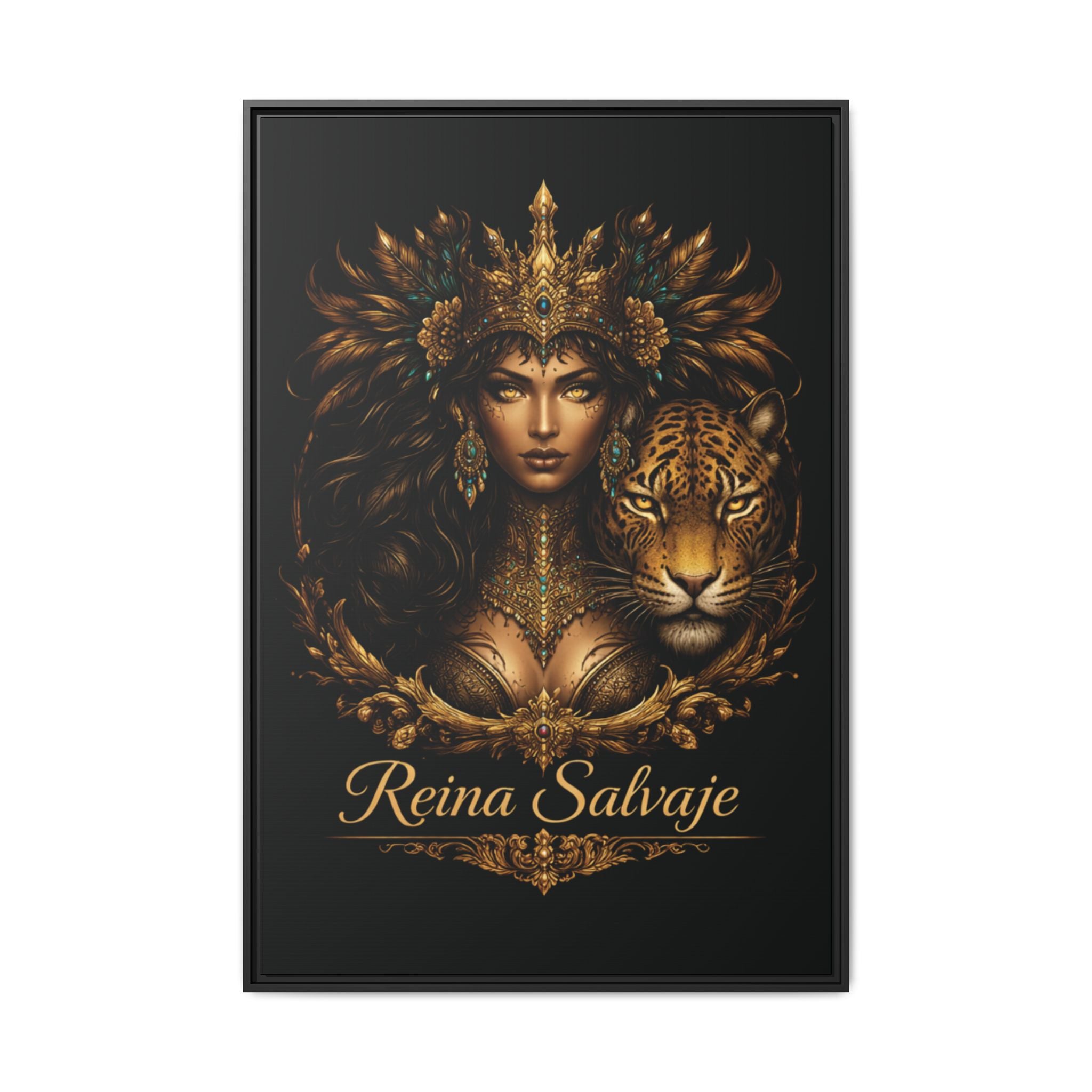 Reina Salvaje Matte Framed Canvas Art — Golden Goddess & Tiger Wall Decor