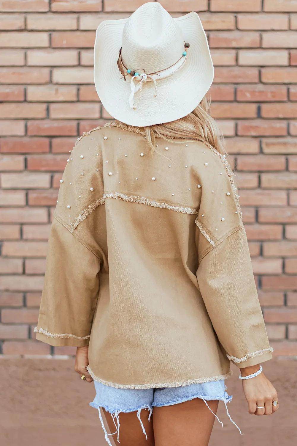 Raw Hem Pearl Trim Dropped Shoulder Denim Jacket for Women