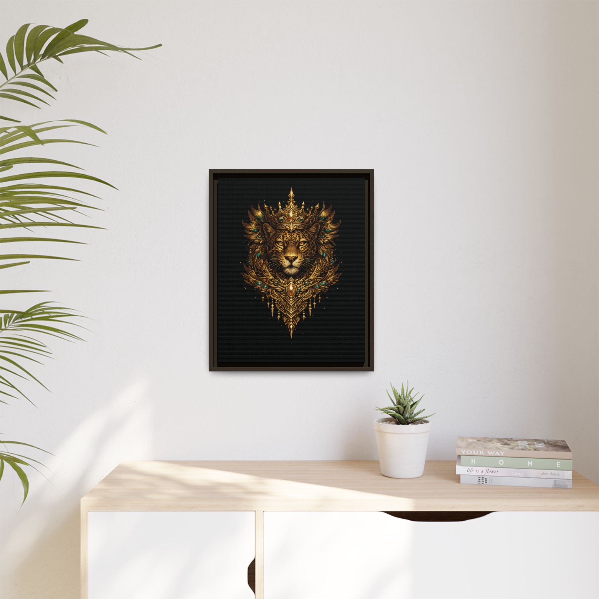 Golden Crowned Jaguar Canvas Art — Gold Crowned Lion Matte Framed Print