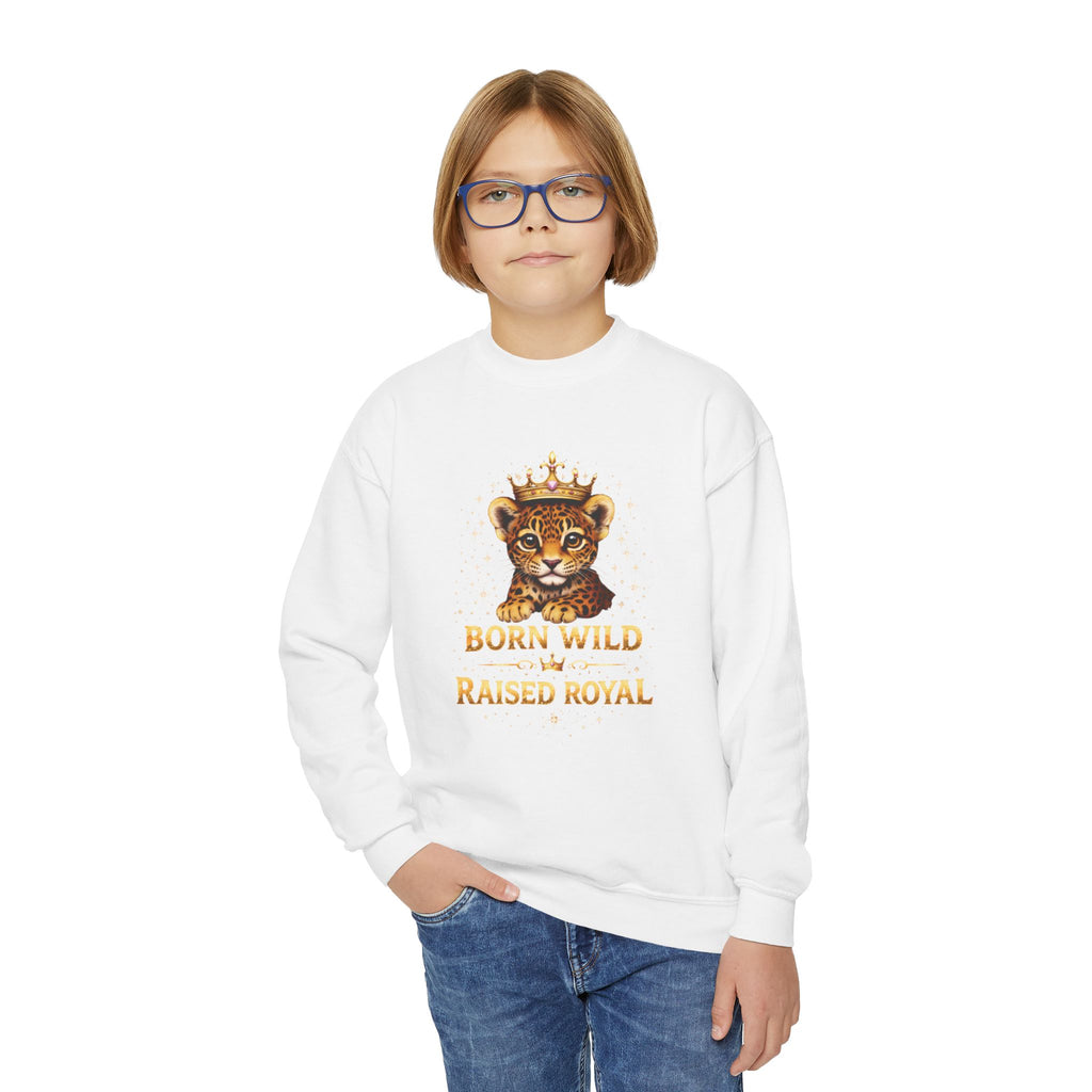 Youth Crewneck Sweatshirt — "Born Wild Raised Royal" Jaguar Cub Graphic