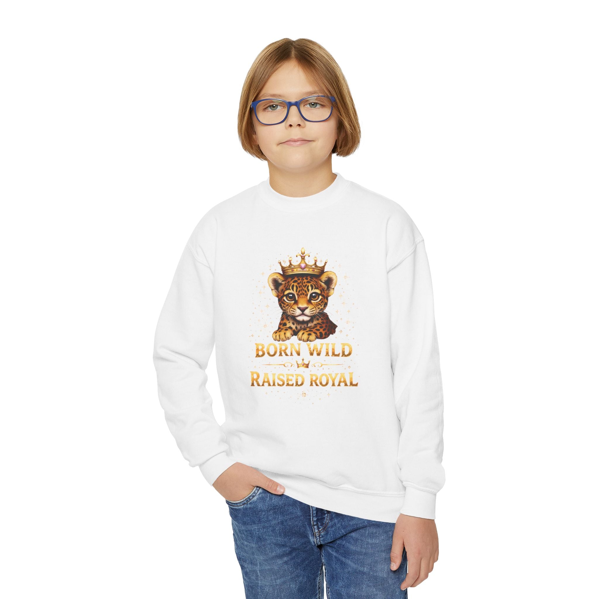 Youth Crewneck Sweatshirt — "Born Wild Raised Royal" Jaguar Cub Graphic