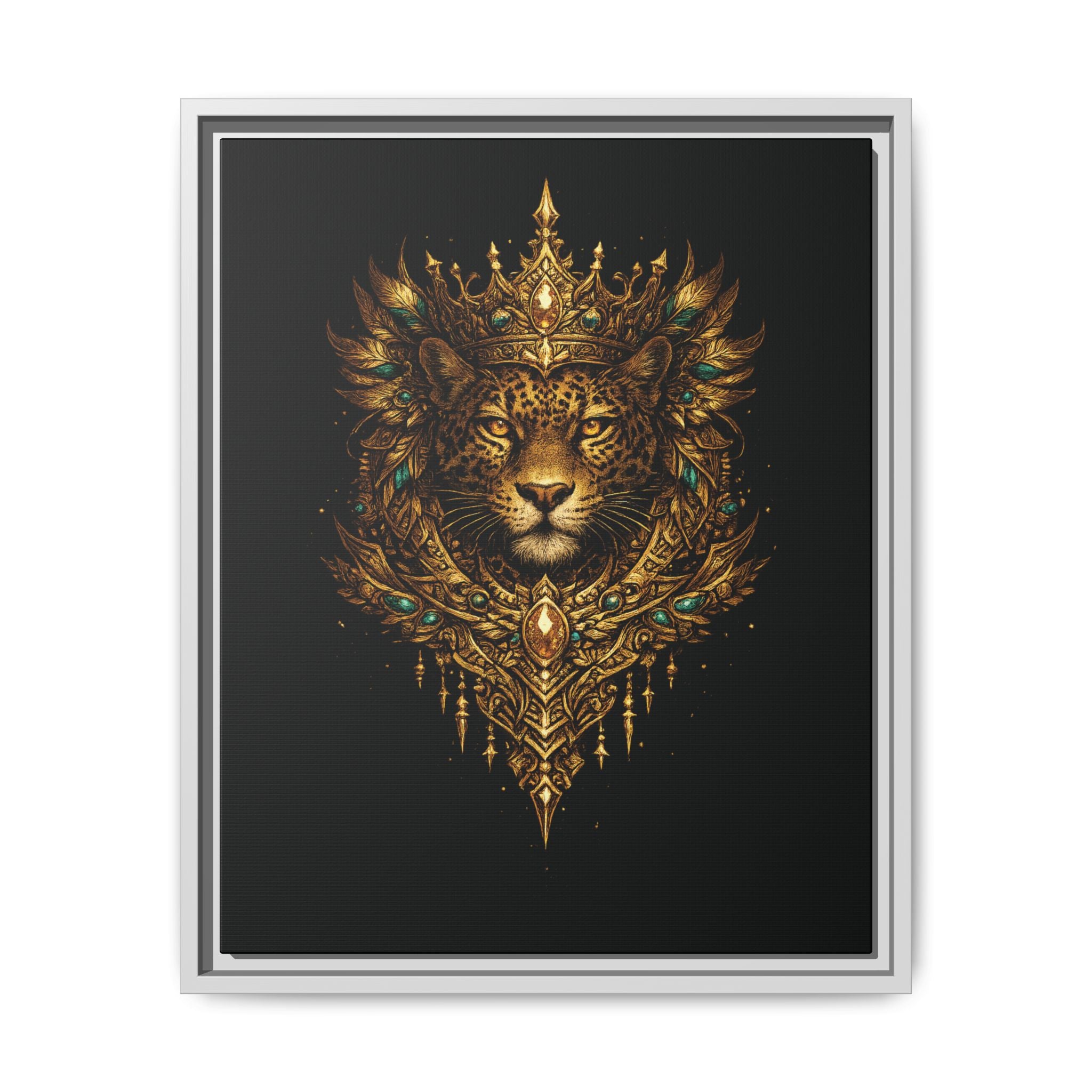 Golden Crowned Jaguar Canvas Art — Gold Crowned Lion Matte Framed Print