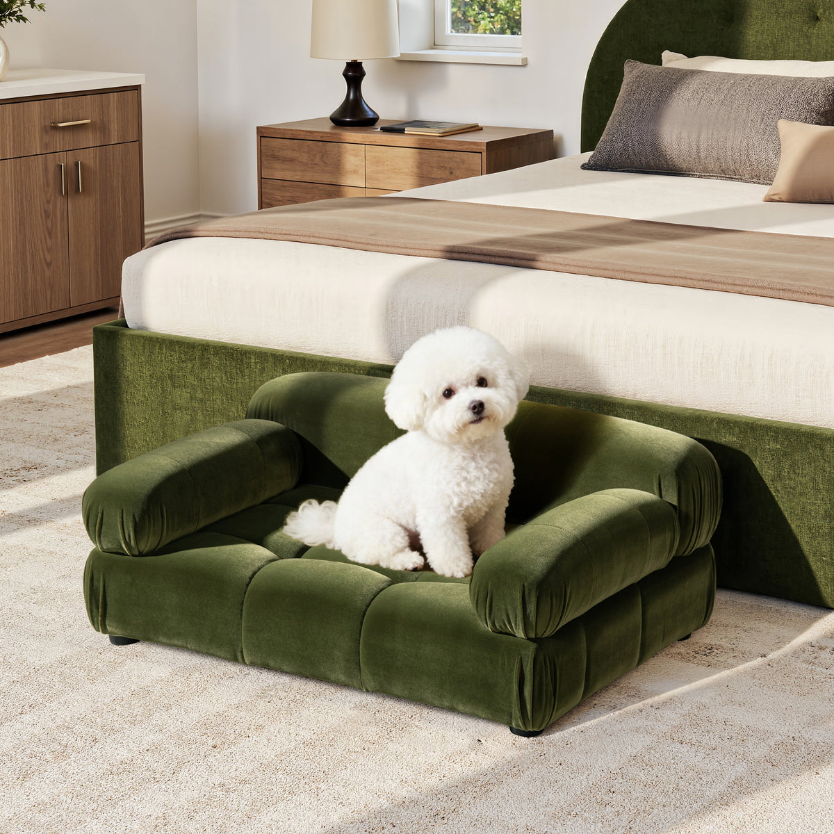 Olive Green Velvet Upholstered Pet Bed with Bolstered Arms - Small to Medium