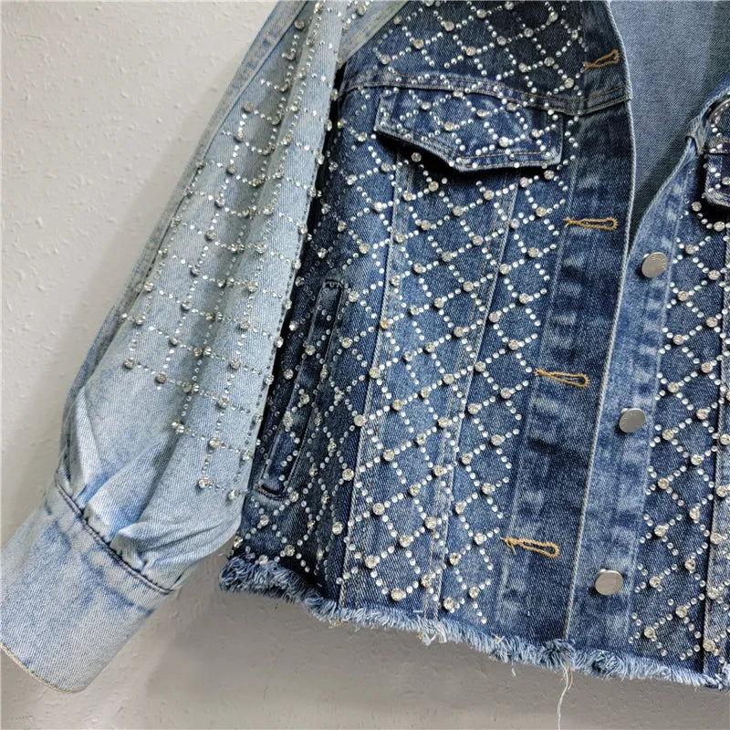 Women Hot Drilling Diamond Beads Retro Washed Denim Jacket Contrast Color Patchwork Rhinestone Jeans Coat Fake Two Piece Outwear