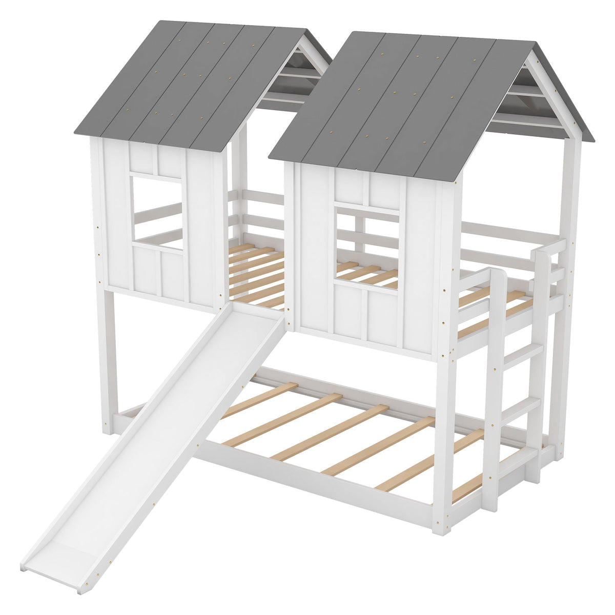 House Bunk Bed with Slide and Windows – Twin Over Twin in White/Gray