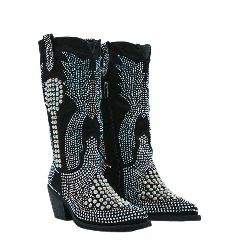 Crystal Embellished Pointed-Toe Cowgirl Boots
