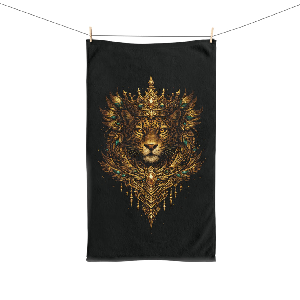 Regal Jaguar Hand Towel — Ornate Gold Lioness Crown Design