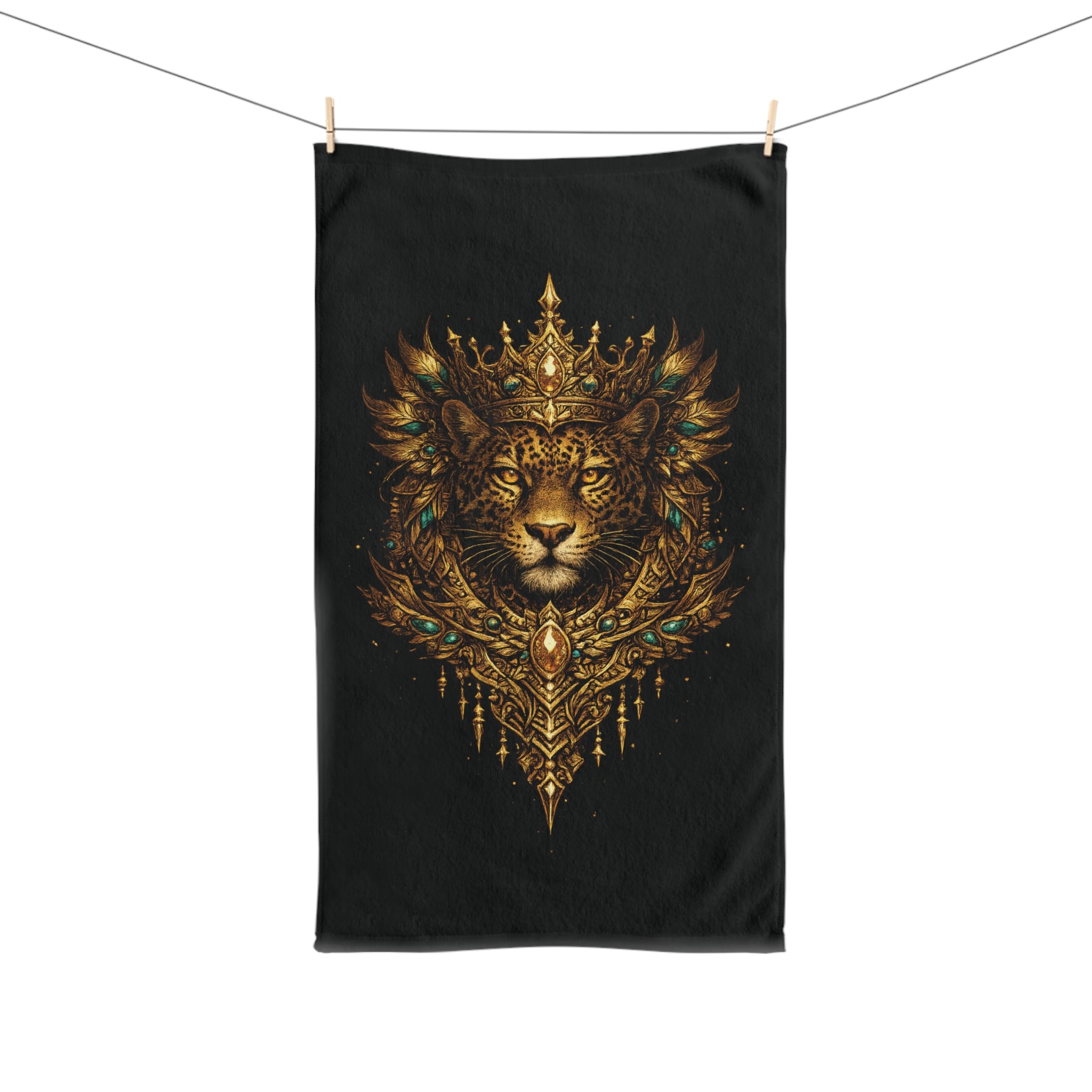 Regal Jaguar Hand Towel — Ornate Gold Lioness Crown Design