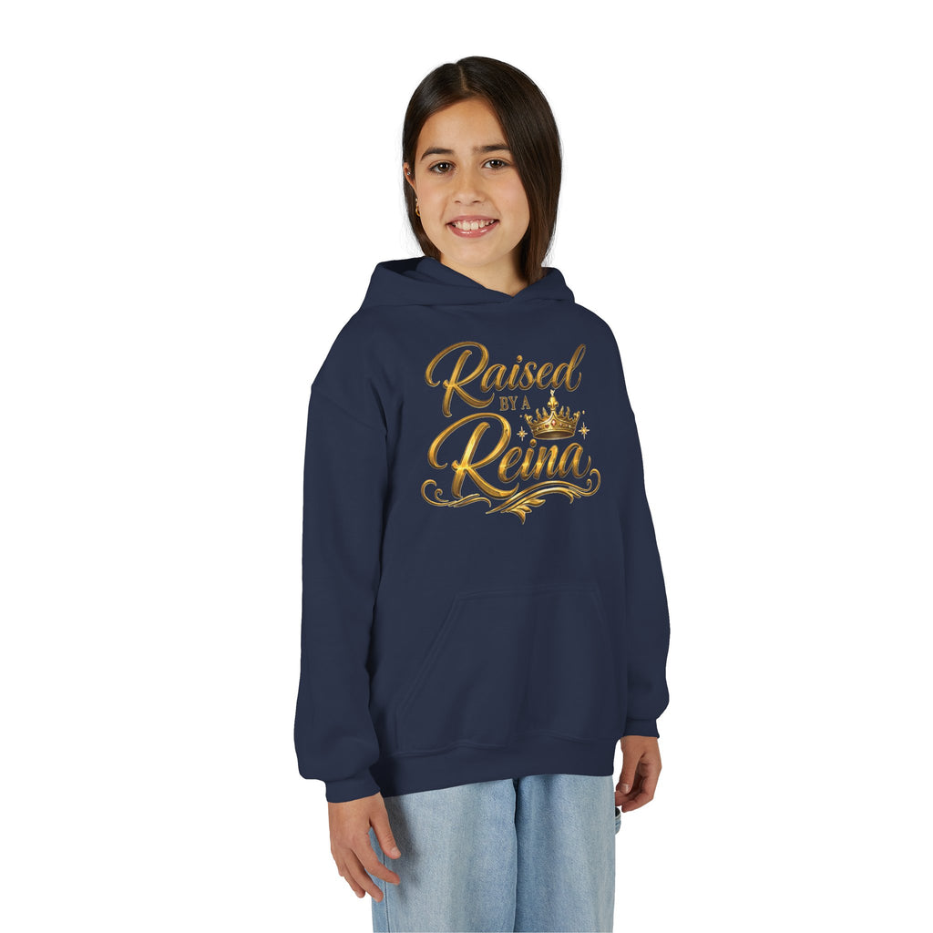 Youth Hoodie — "Raised by a Reina" Gold Script Kids Sweatshirt