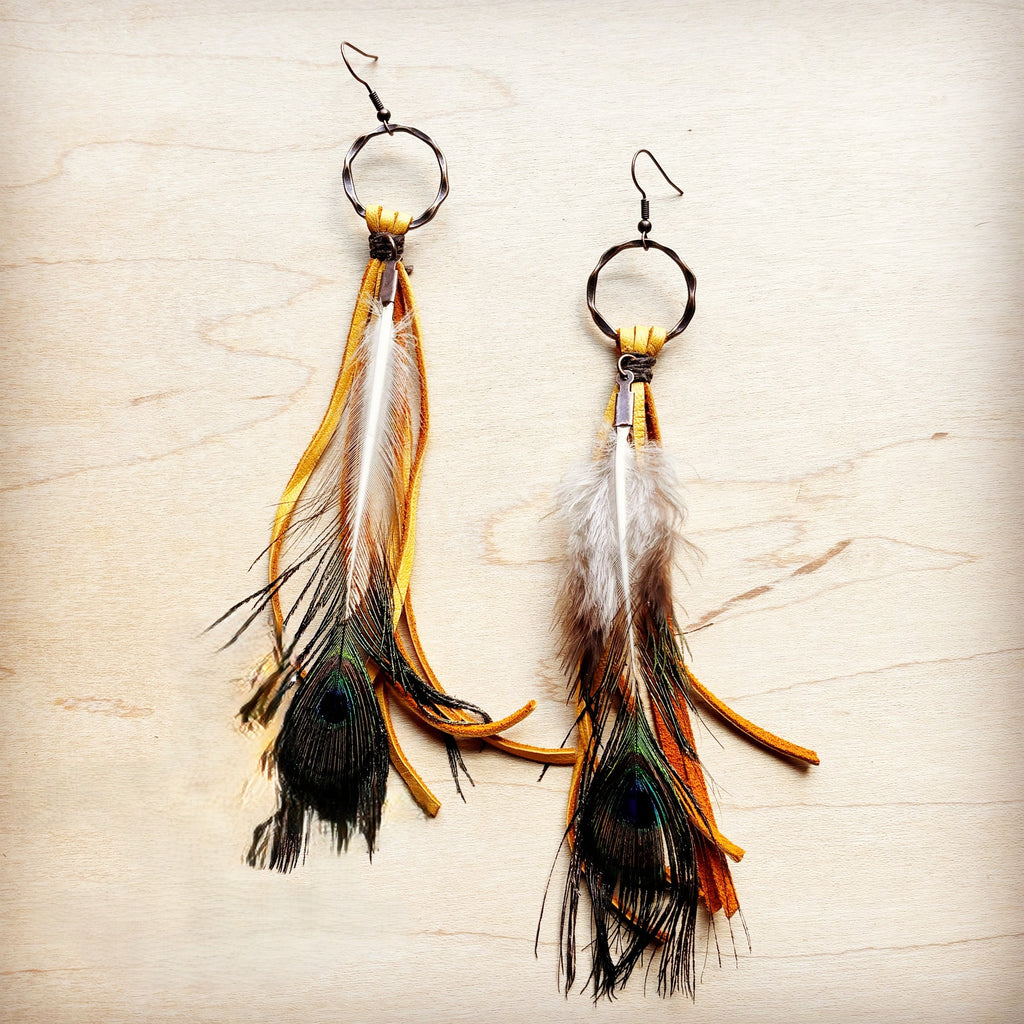 Mustard Deer Skin Leather Tassel Earring Peacock Feather 219i
