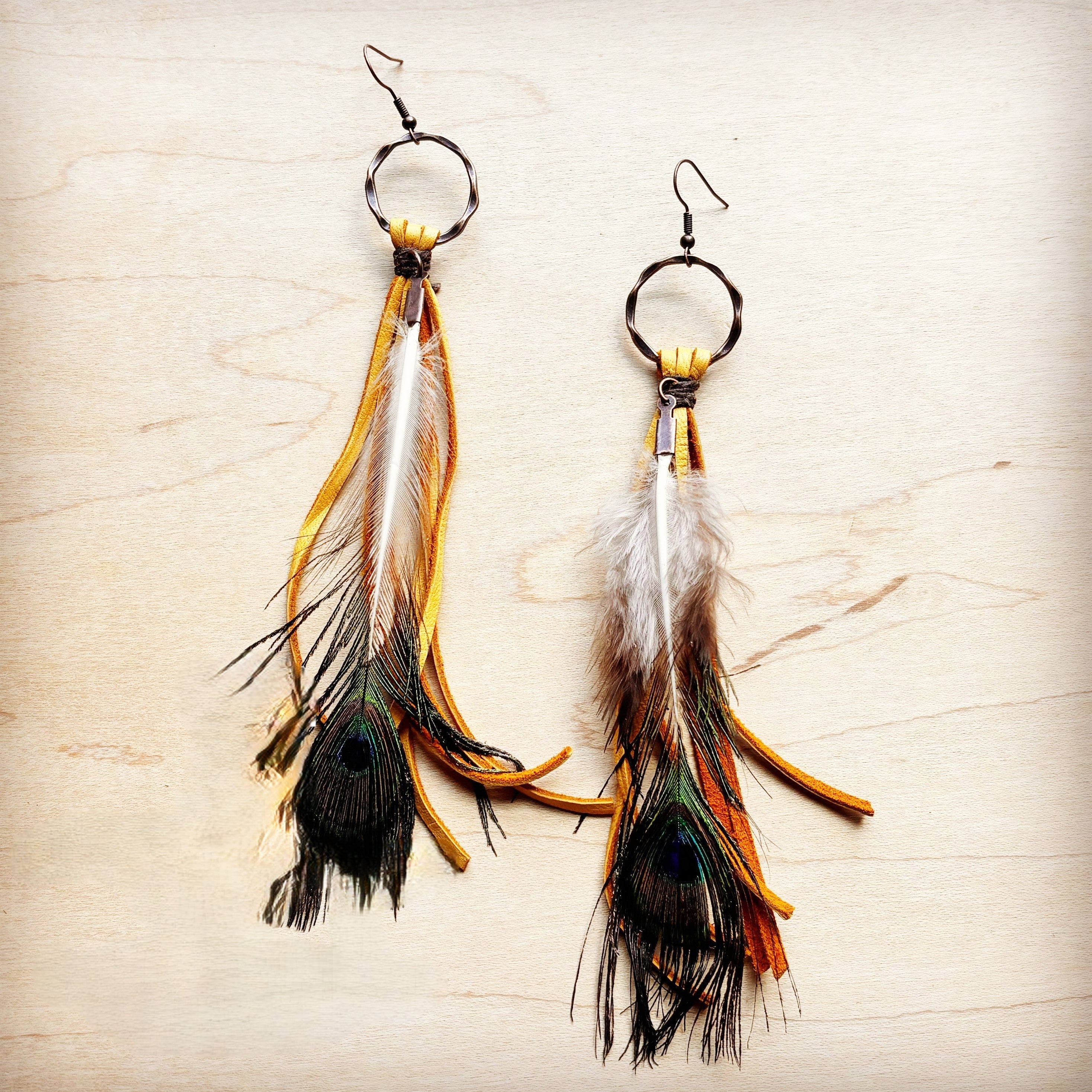 Mustard Deer Skin Leather Tassel Earring Peacock Feather 219i
