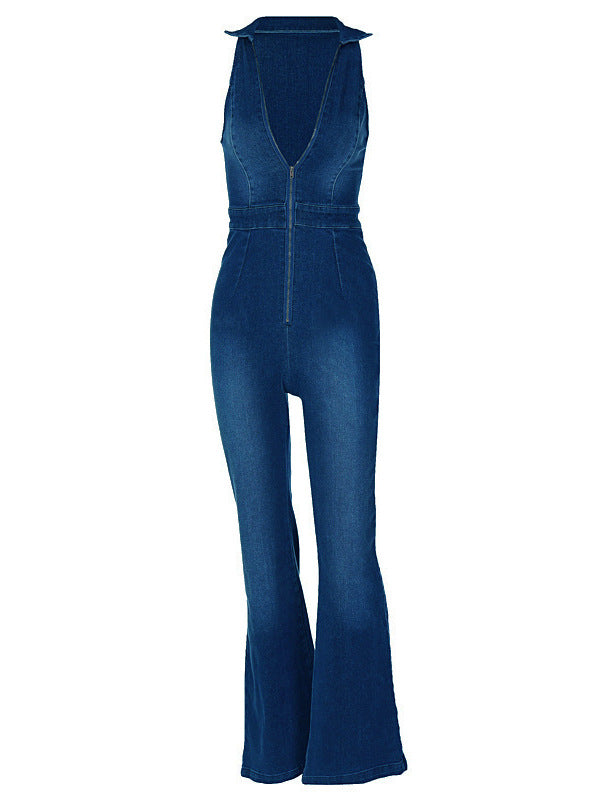 Skinny street retro style high waisted sleeveless denim jumpsuit