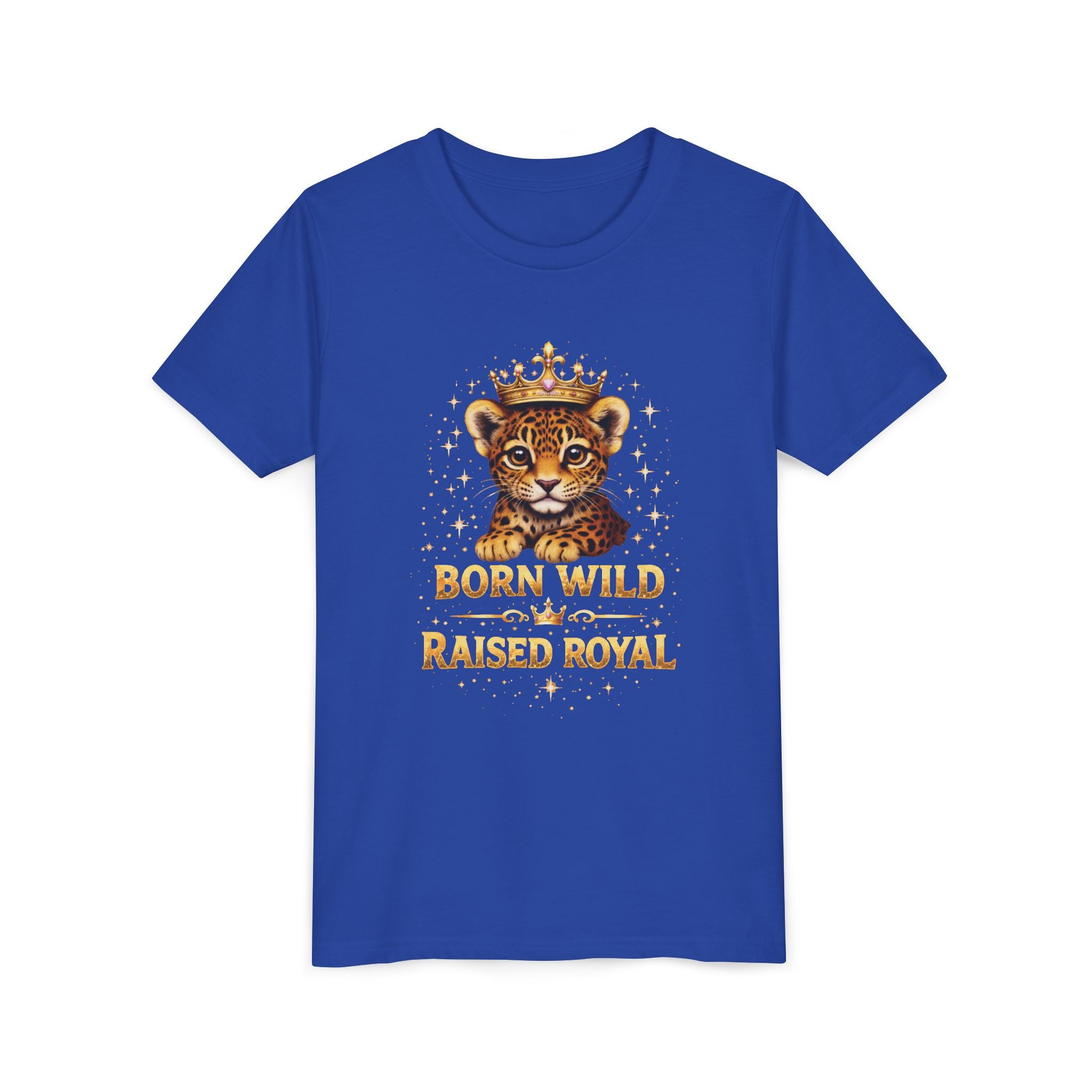 Youth Tee — "Born Wild Raised Royal" Crowned Jaguar Cub Kids T-Shirt