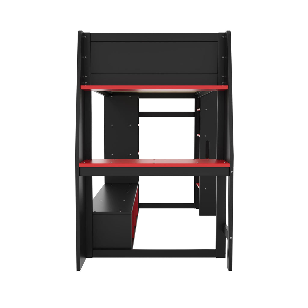 Gaming Loft Bed with Desk and Storage Shelves – LED Lighting – Black or Dark Gray