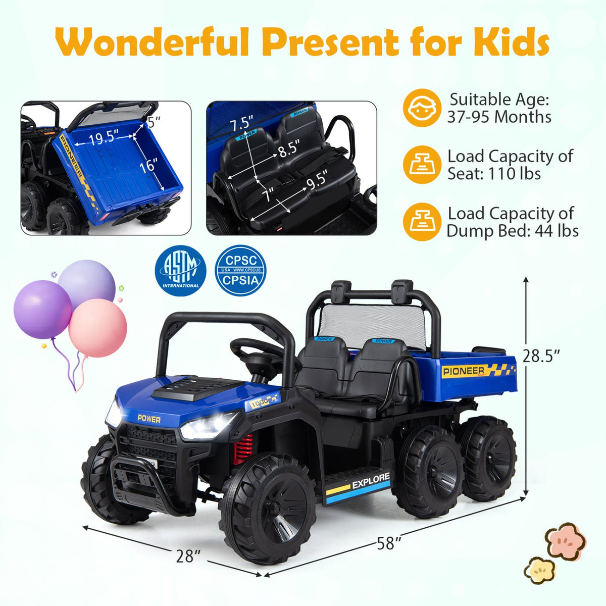 24V 2-Seater Kids' Ride-On Dump Truck | 4WD