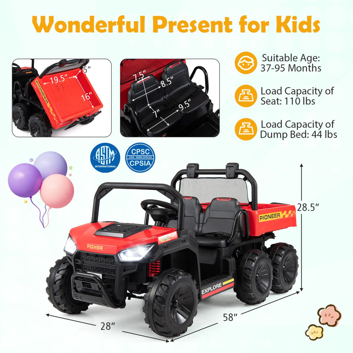 24V 2-Seater Kids' Ride-On Dump Truck | 4WD