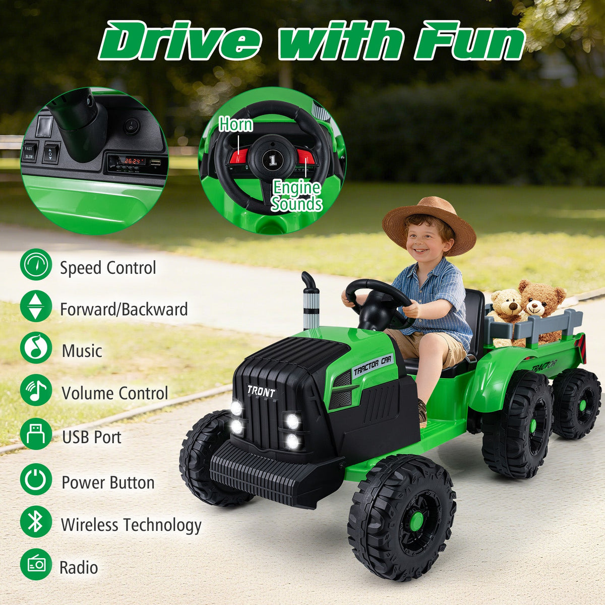 24V Kids' Electric Ride-On Tractor with Trailer & Remote