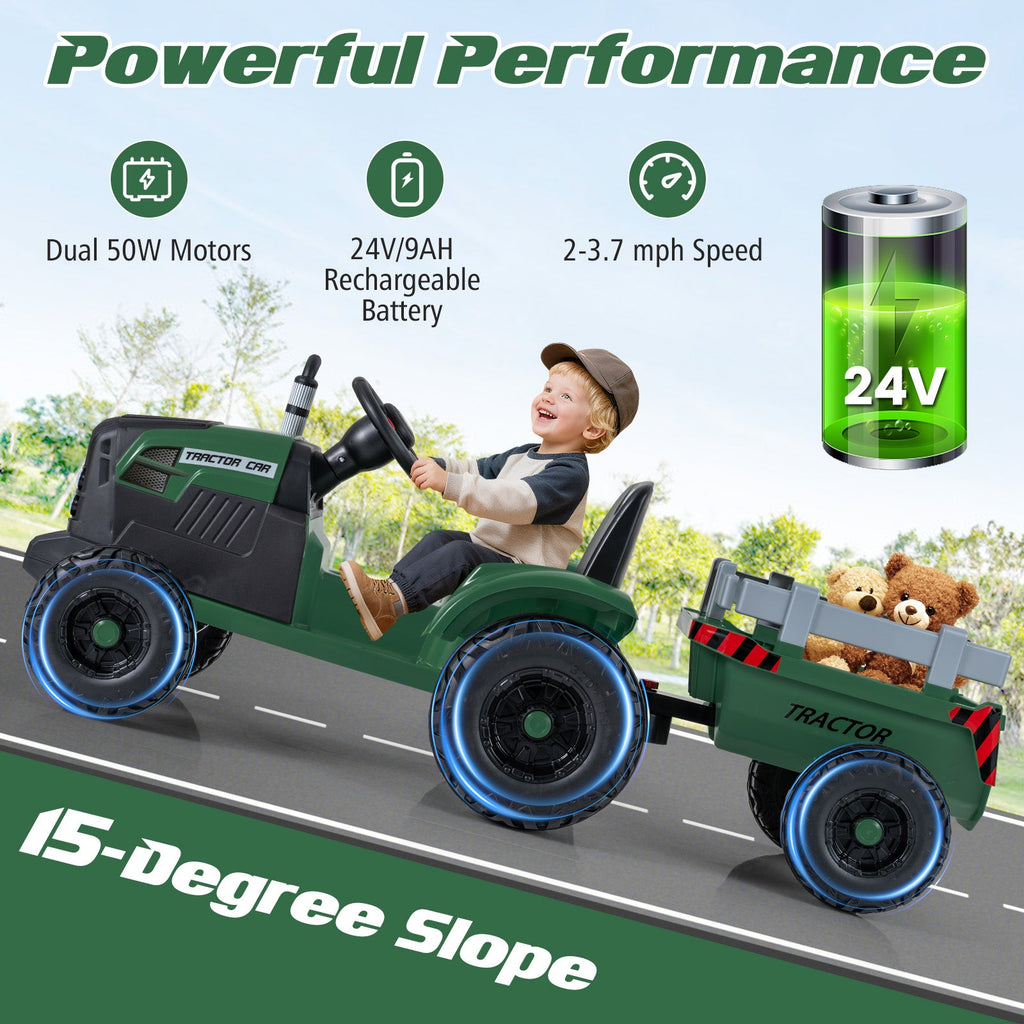 24V Kids' Electric Ride-On Tractor with Trailer & Remote