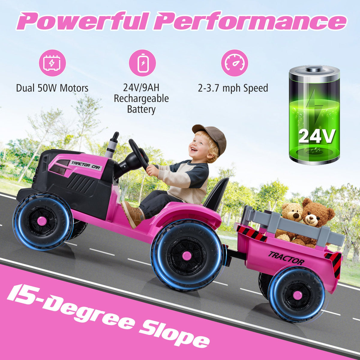 24V Kids' Electric Ride-On Tractor with Trailer & Remote