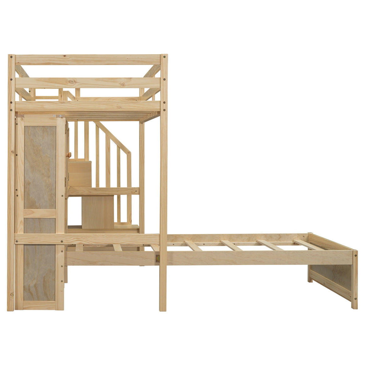 Twin Over Twin Loft Bed with Built-In Desk and Staircase - White or Light Brown