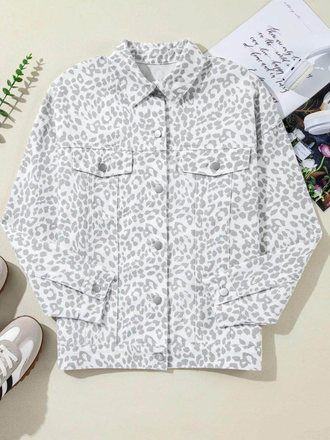 Leopard Button Up Long Sleeve Denim Jacket for Women
