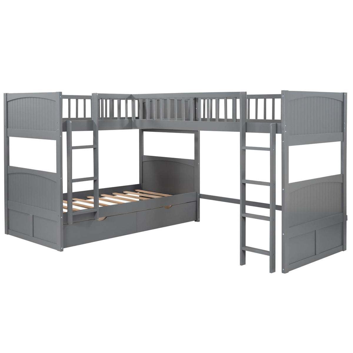 Triple Twin Bunk Bed With Loft and 2 Drawers - Dark Gray or White