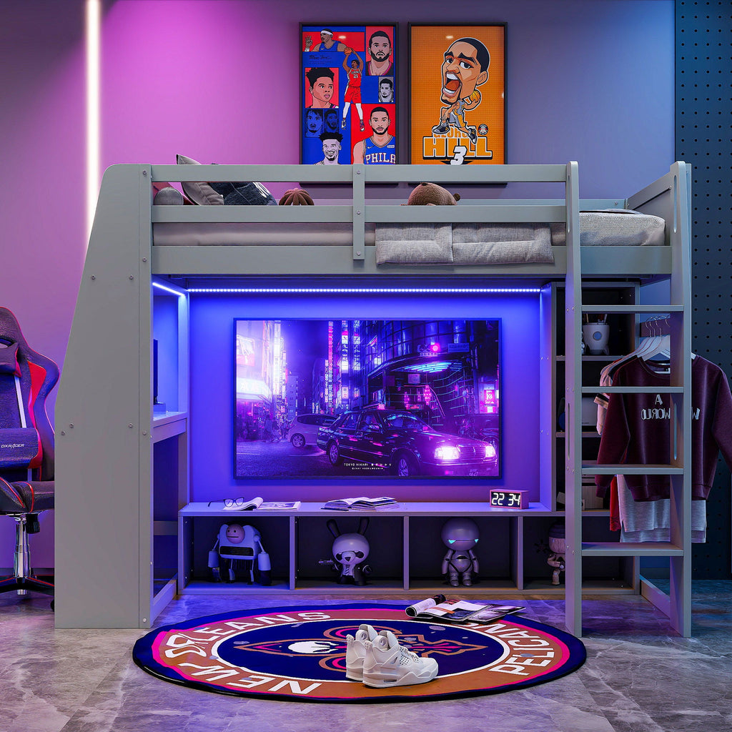 Gaming Loft Bed with Desk and Storage Shelves – LED Lighting – Black or Dark Gray