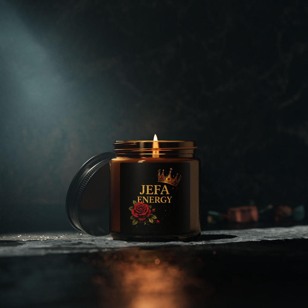 Jefa Energy Soy Candle — Amber Jar Scented Candle with Rose & Crown Design