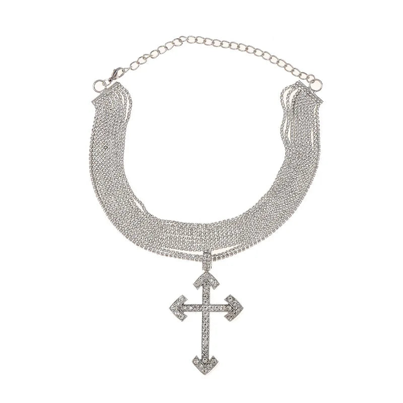 Rhinestone Cross Statement Choker Necklace