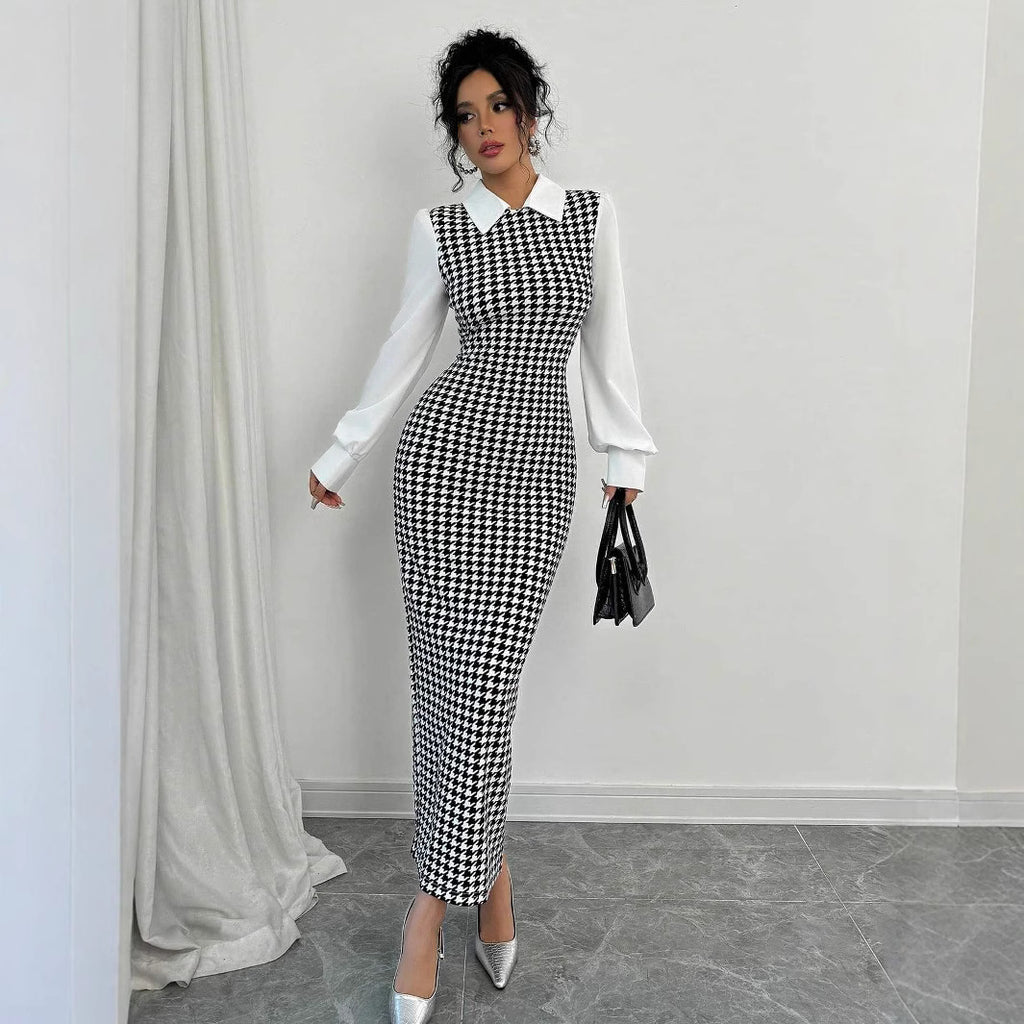 Elegant Fitted Bubble Sleeve Dress with Houndstooth Pattern, Bodycon Long Dress