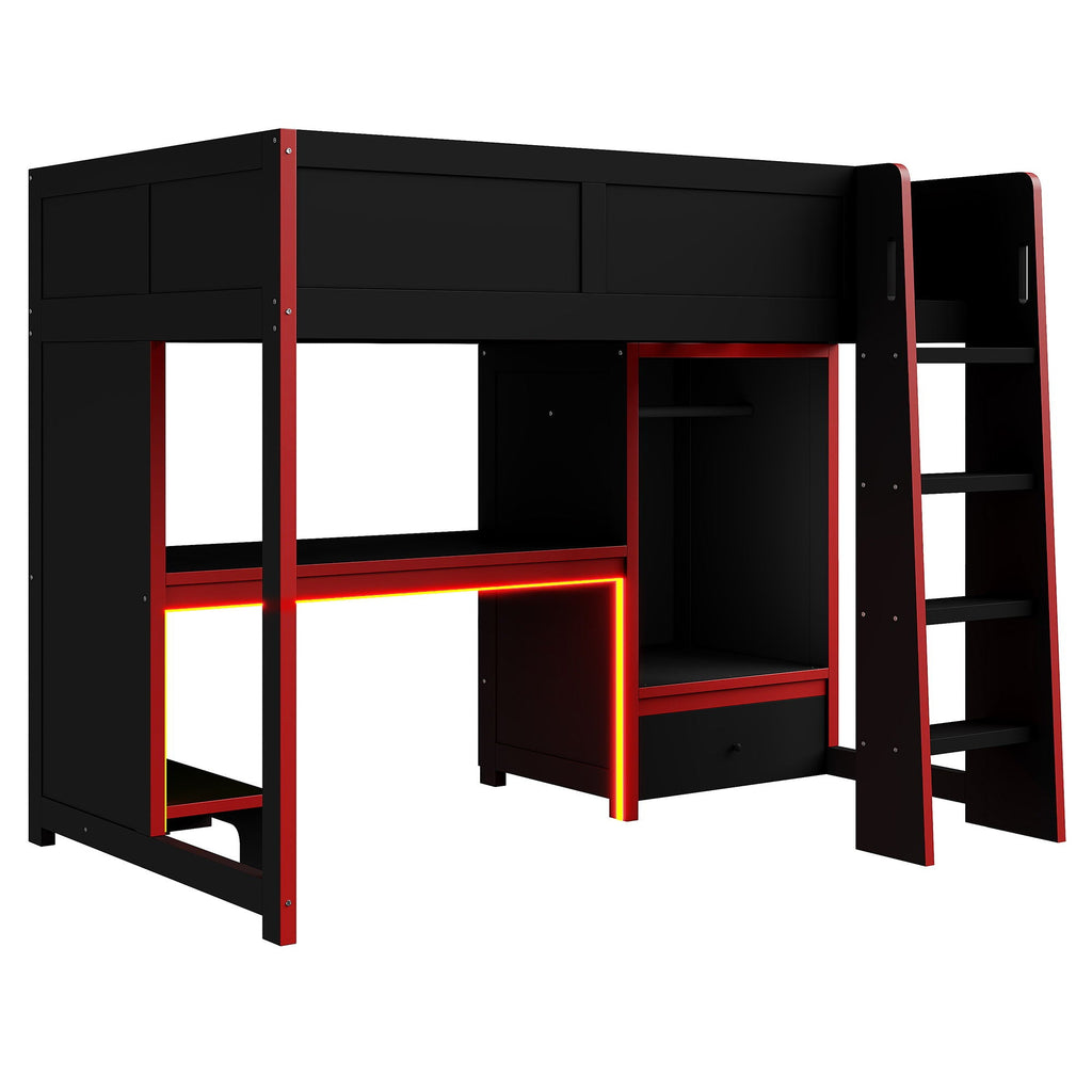 Gaming Loft Bed with Built-In Desk, Wardrobe & LED Lighting - Black
