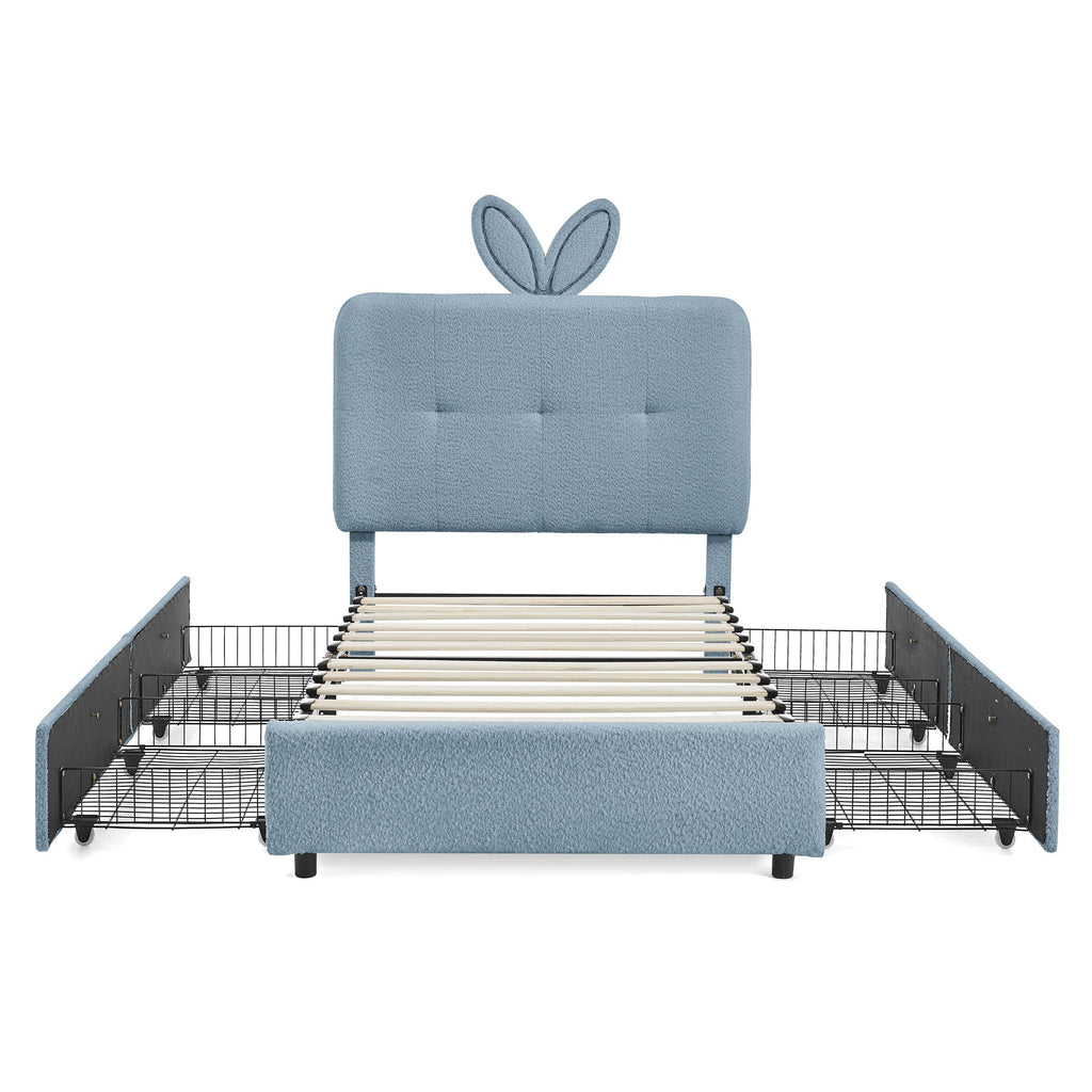 Upholstered Storage Bed with Oversized Rabbit Ear Headboard & LED Lights - Beige or Light Blue