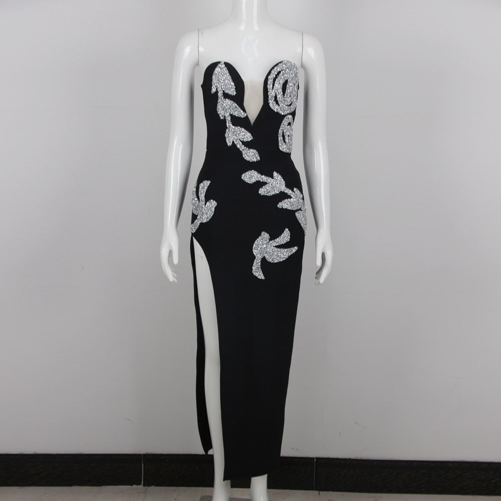 Women Summer Sexy Strapless Backless Sequin Split Black Maxi Long Bodycon Bandage Dress 2023 Elegant Evening Party Club Dresses
