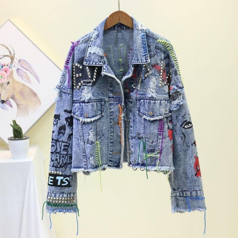 Trend Brand Graffiti Denim Short Jacket Female Personality Raw Edge Cut Heavy Rivet Top Color Tassel Clip