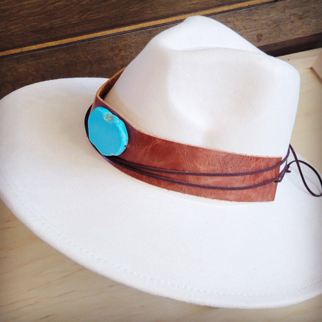 Wide Genuine Leather Cognac Hat Band w/ Turq 954m