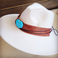 Wide Genuine Leather Cognac Hat Band w/ Turq 954m