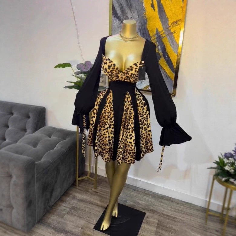Leopard Print Long Sleeve Strapless Bodycon Dress