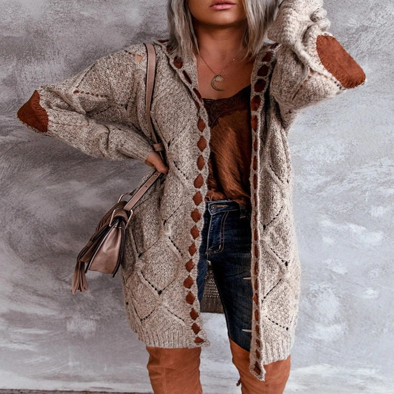Hooded knitted long cardiagan