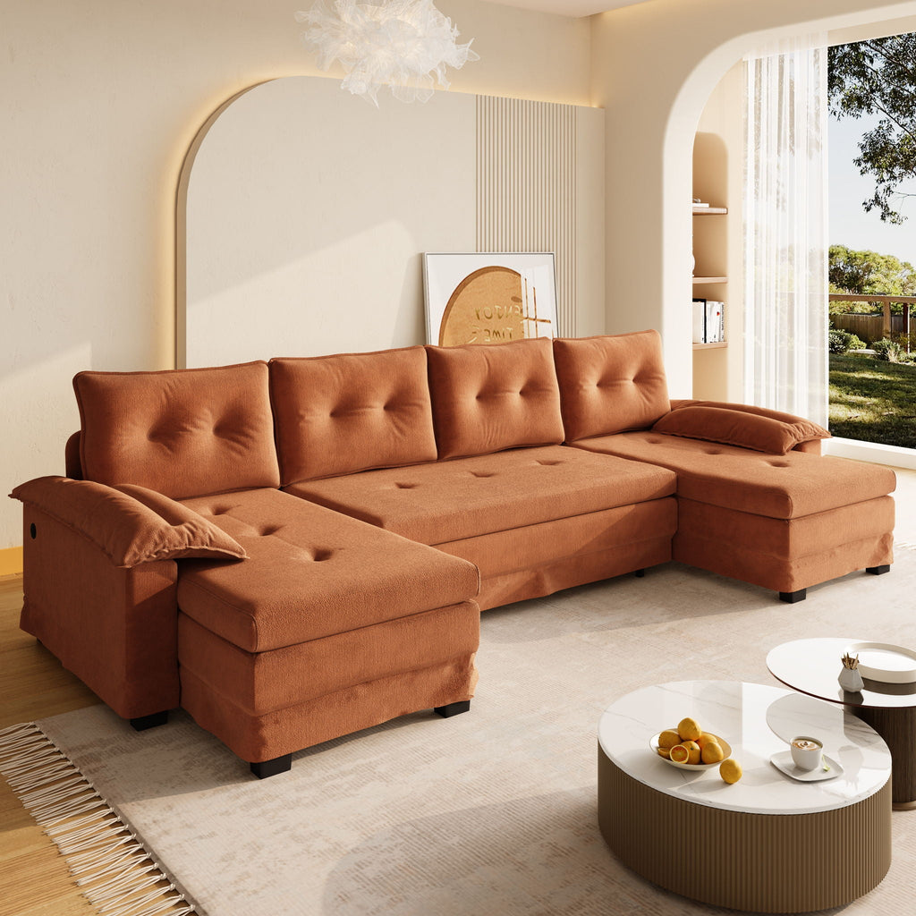 U-Shaped Sleeper Sectional with Pull Out Bed and USB Ports - Fabric