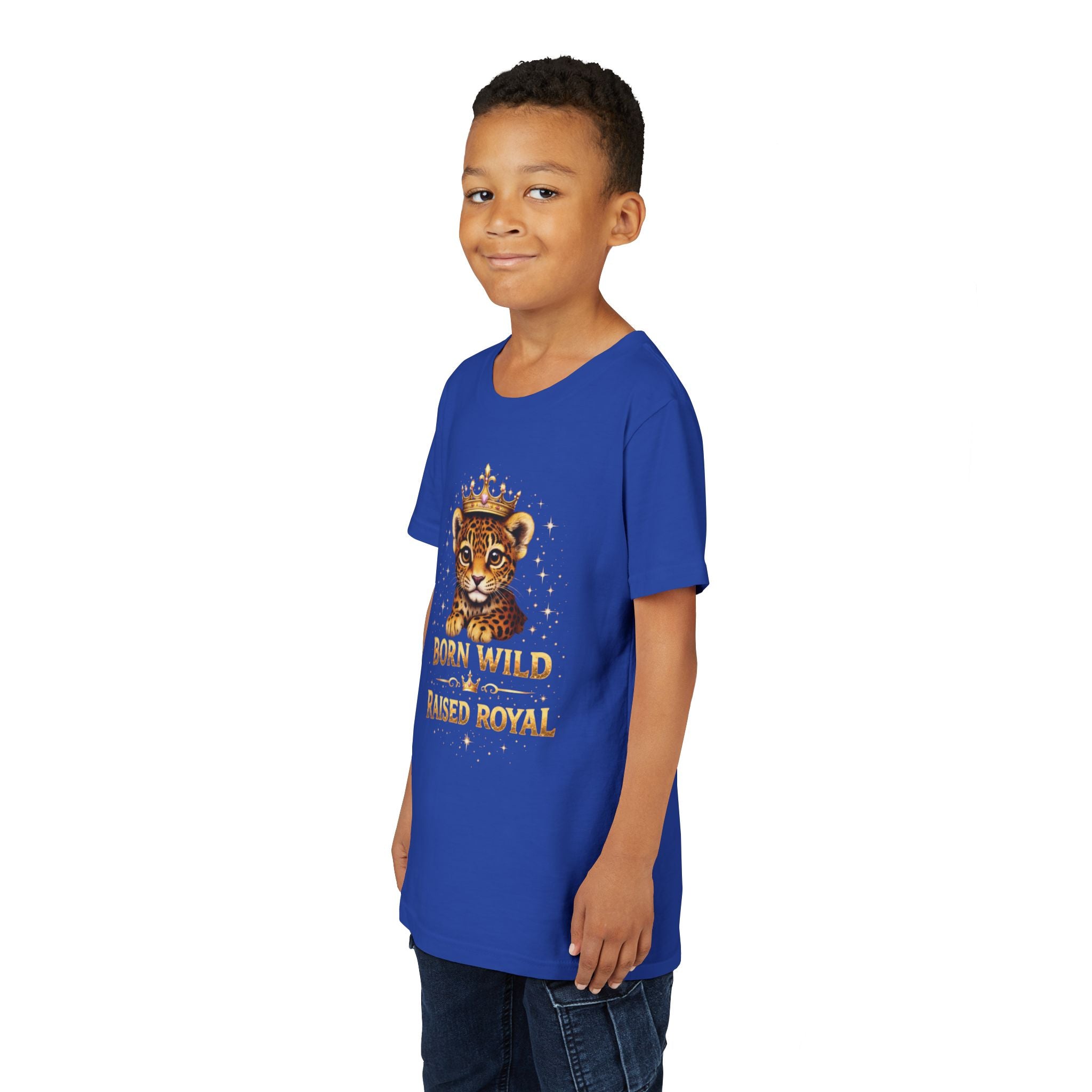 Youth Tee — "Born Wild Raised Royal" Crowned Jaguar Cub Kids T-Shirt