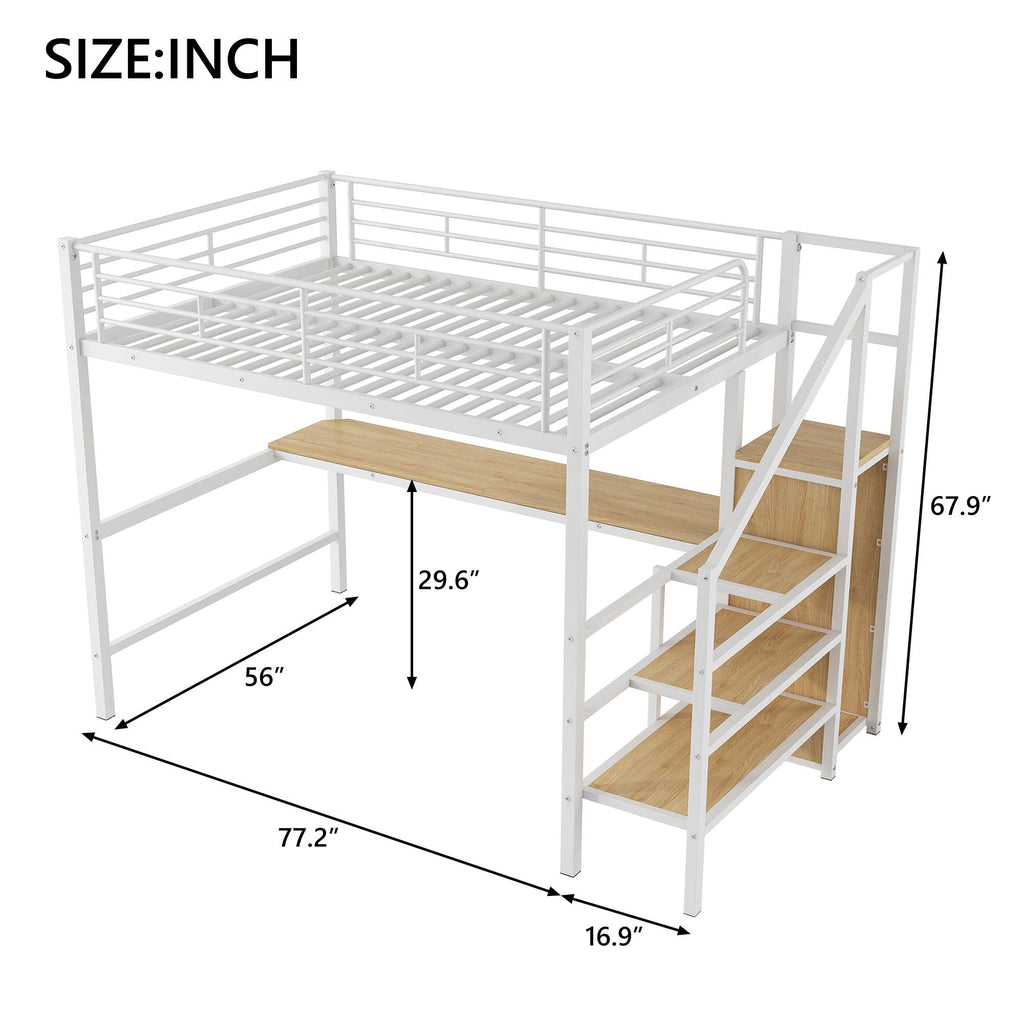 Full Size Loft Bed with Desk, Storage Staircase & Wardrobe - Black or White