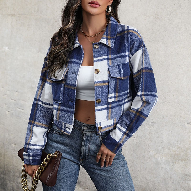 Brushed Plaid Cropped Jacket