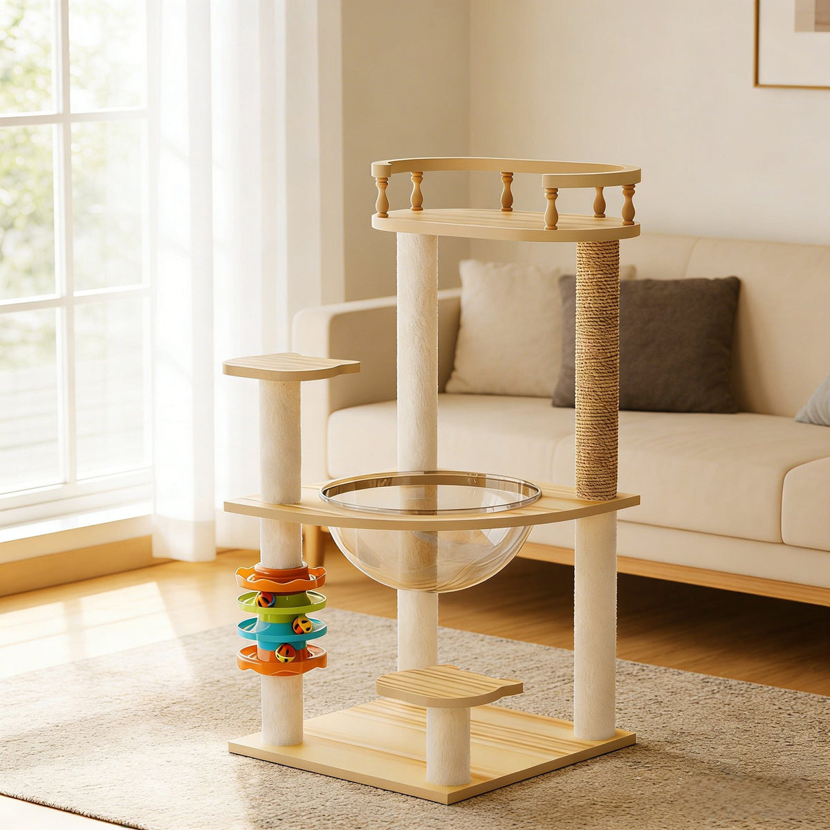 Modern Cat Tower with Scratching Posts and Acrylic Hammock - Natural+White