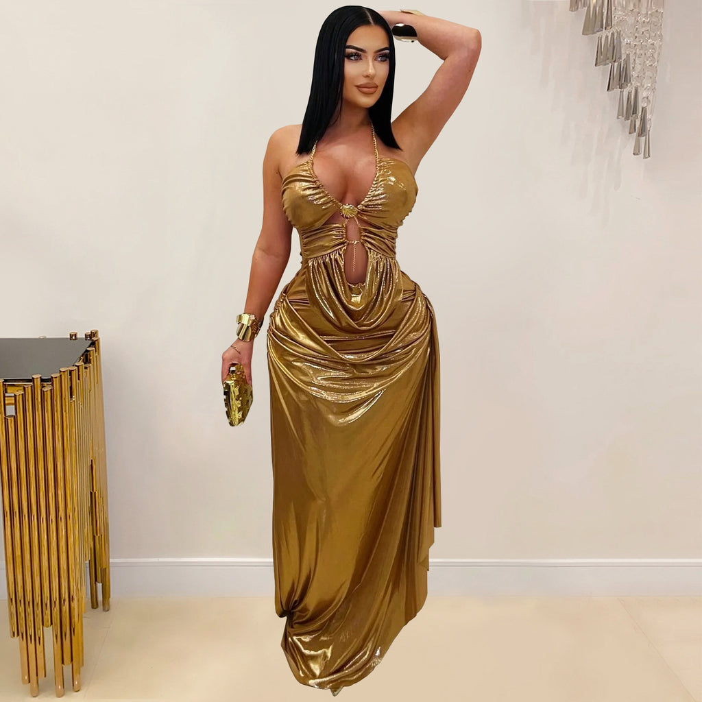 Fashionable Women's Sexy Halter Neck Gold Chain Pleated Sleeveless Dress