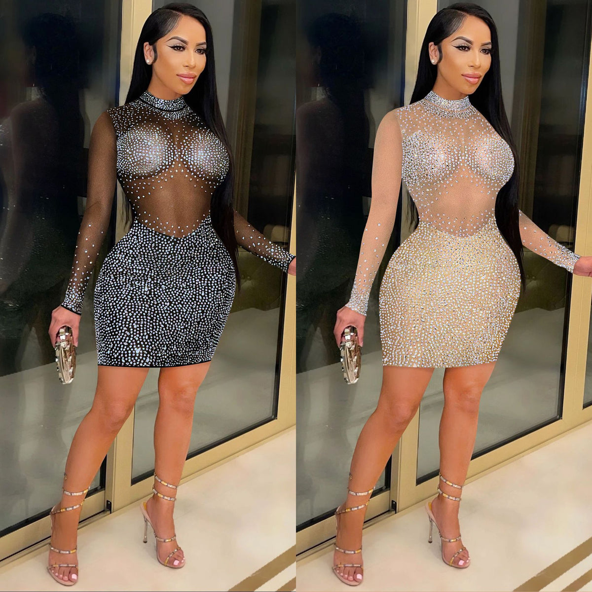 Glitter Mesh Long-Sleeve Mini Dress