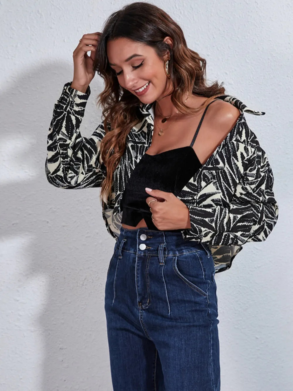 Printed Cropped Button-Down Jacket