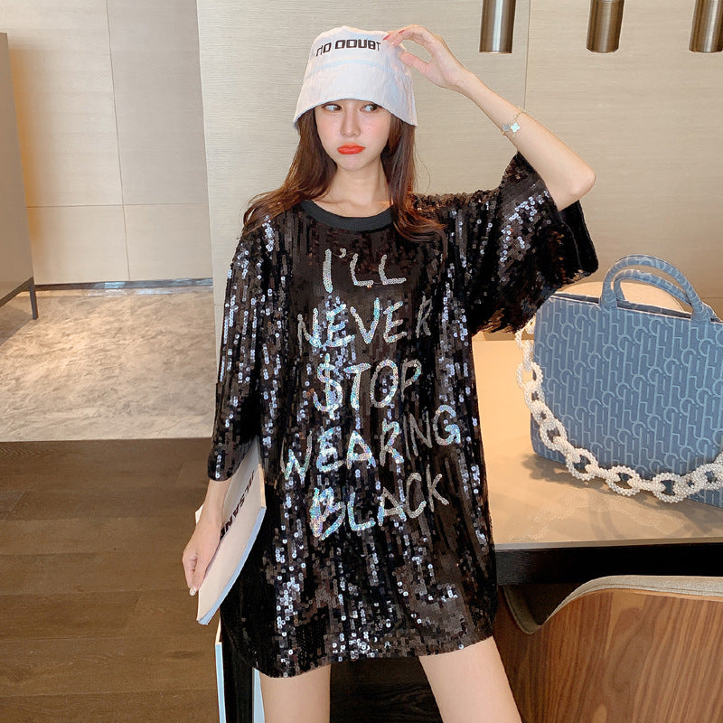 Spring Sequin Short Sleeve Letter Women's Clothing Tops Bling Tops Summer Solid Color Night Club Sexy Female T-Shirts