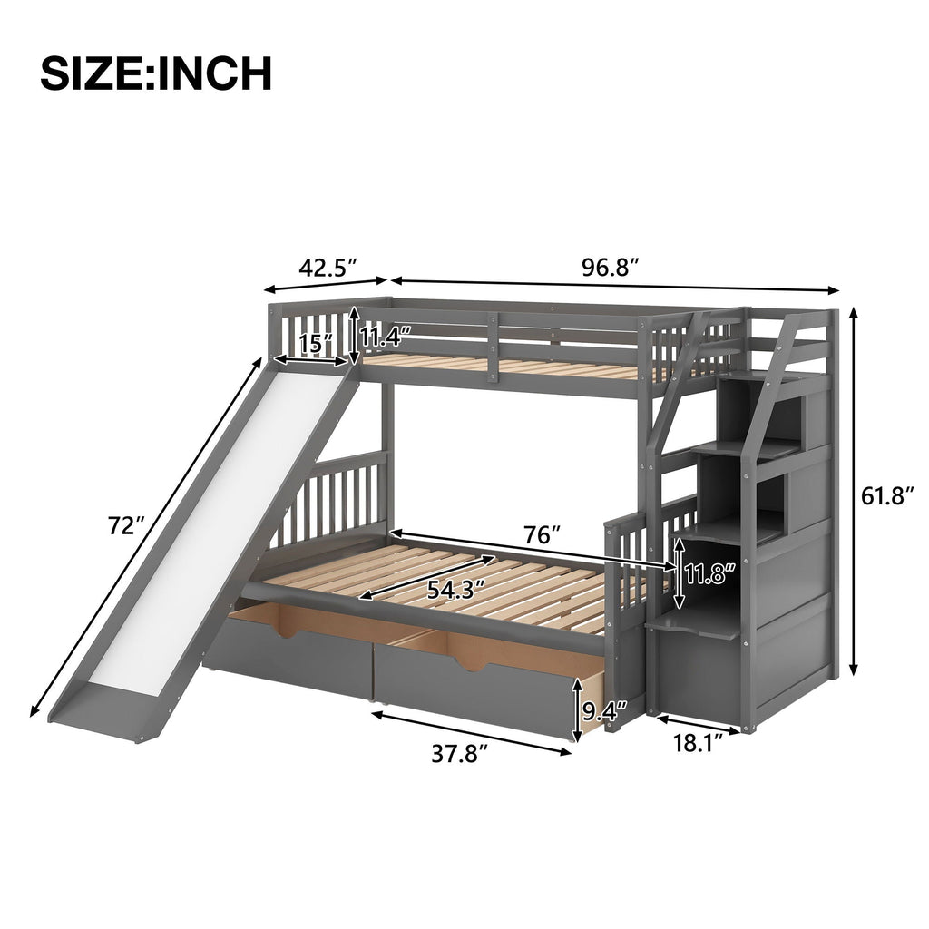 Bunk Bed with Storage Staircase, Slide & Desk - Twin or Full - Dark Gray or White