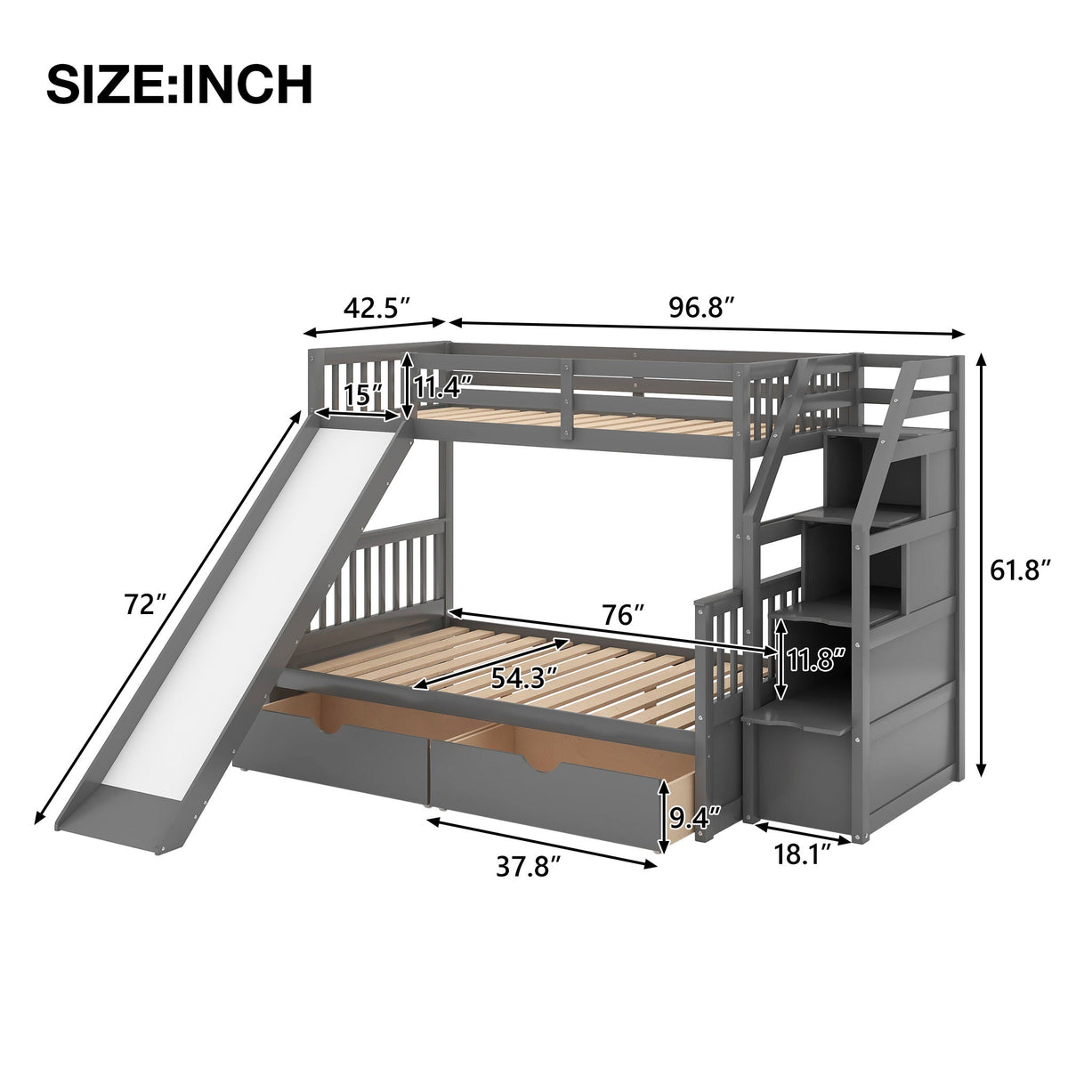 Bunk Bed with Storage Staircase, Slide & Desk - Twin or Full - Dark Gray or White