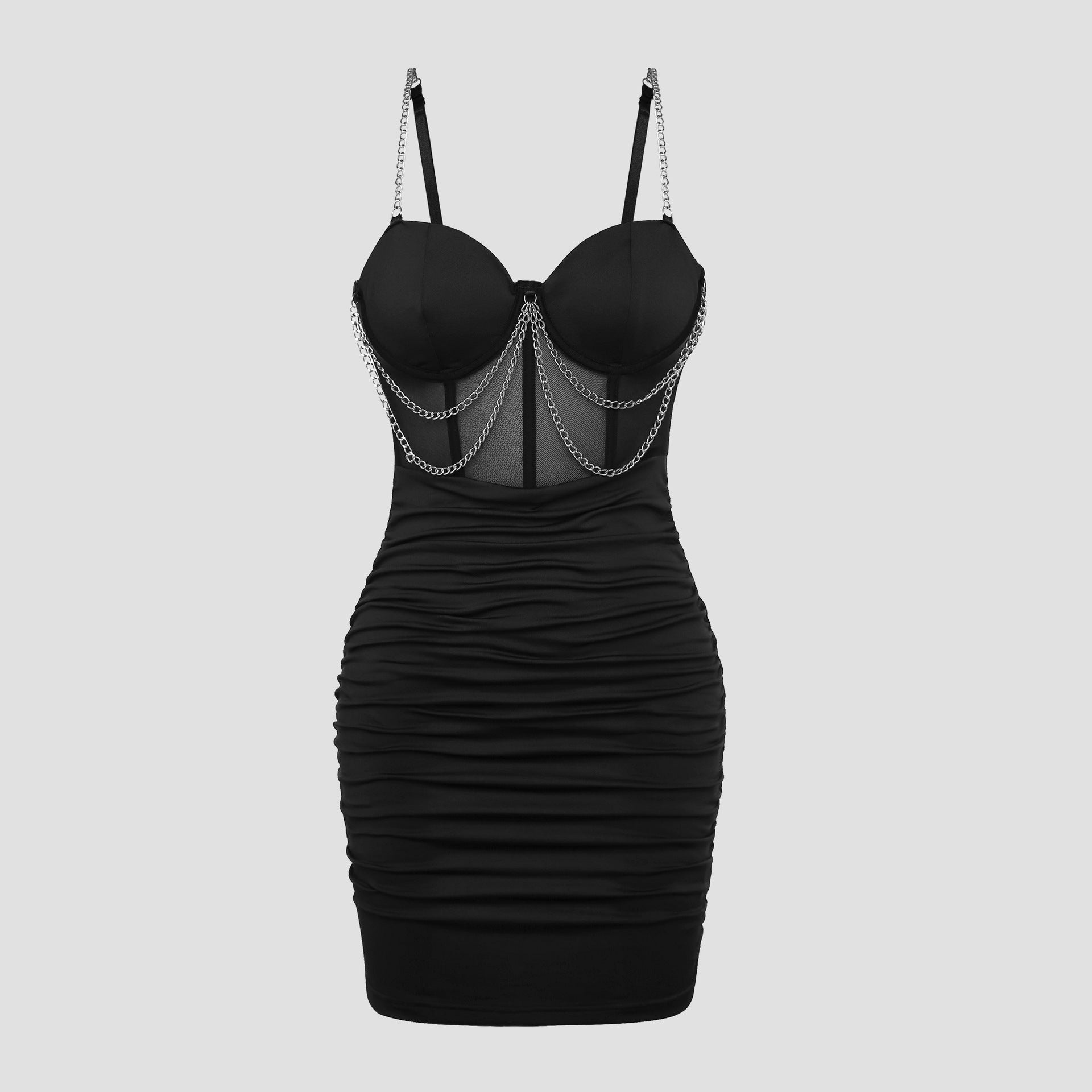 Black Fitted Pleated Bodycon Dress